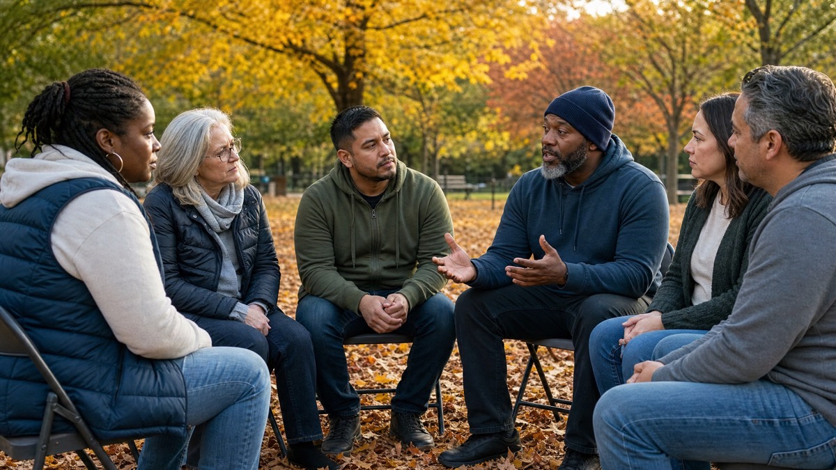 A mixed group of caregivers, men and women, supporting one another.