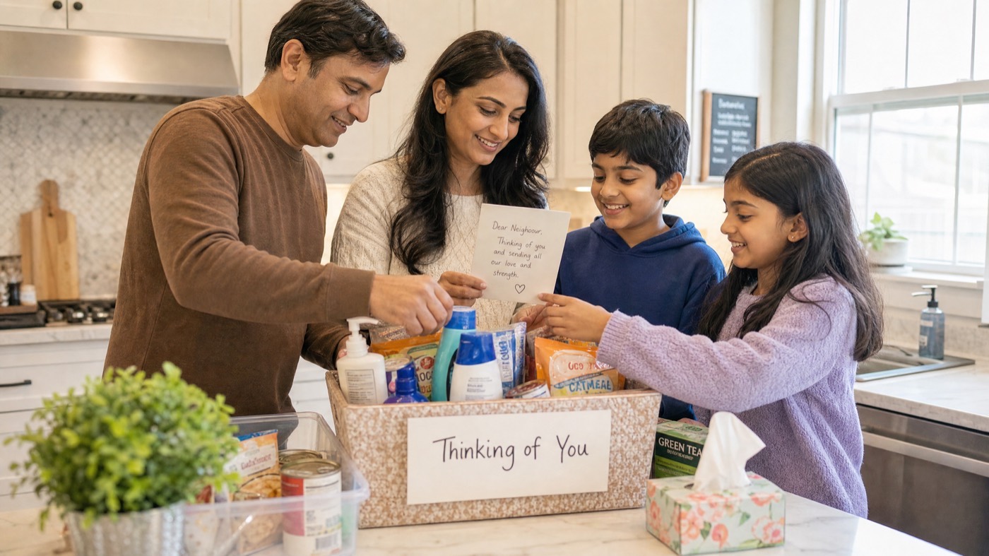 A family assembles a care package with a handwritten note reading 'Thinking of You.'