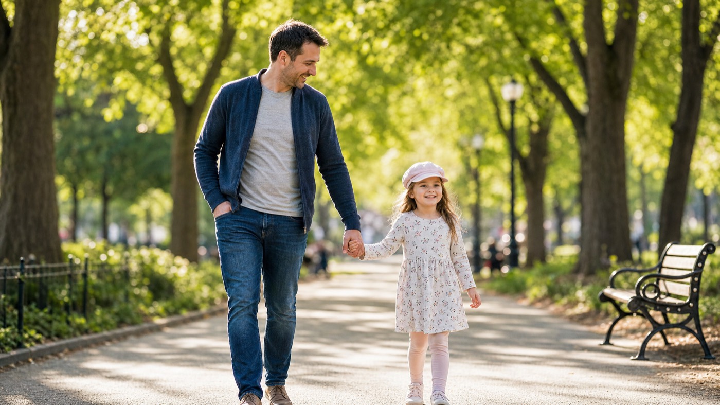 A father walks hand in hand with his young daughter.