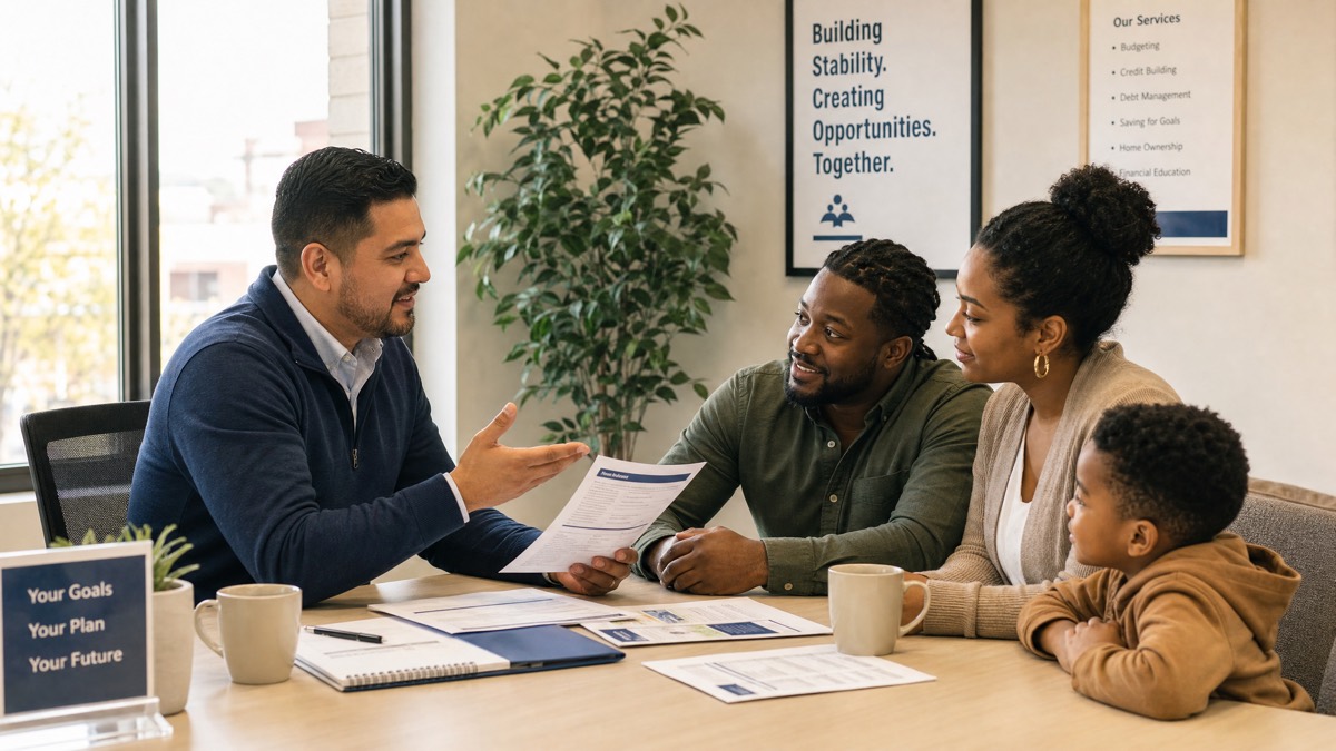 A financial counselor sits across a table from a client, reviewing resources.