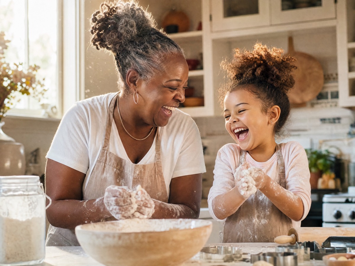 A grandmother and her young grandchild spend time together in the kitchen.