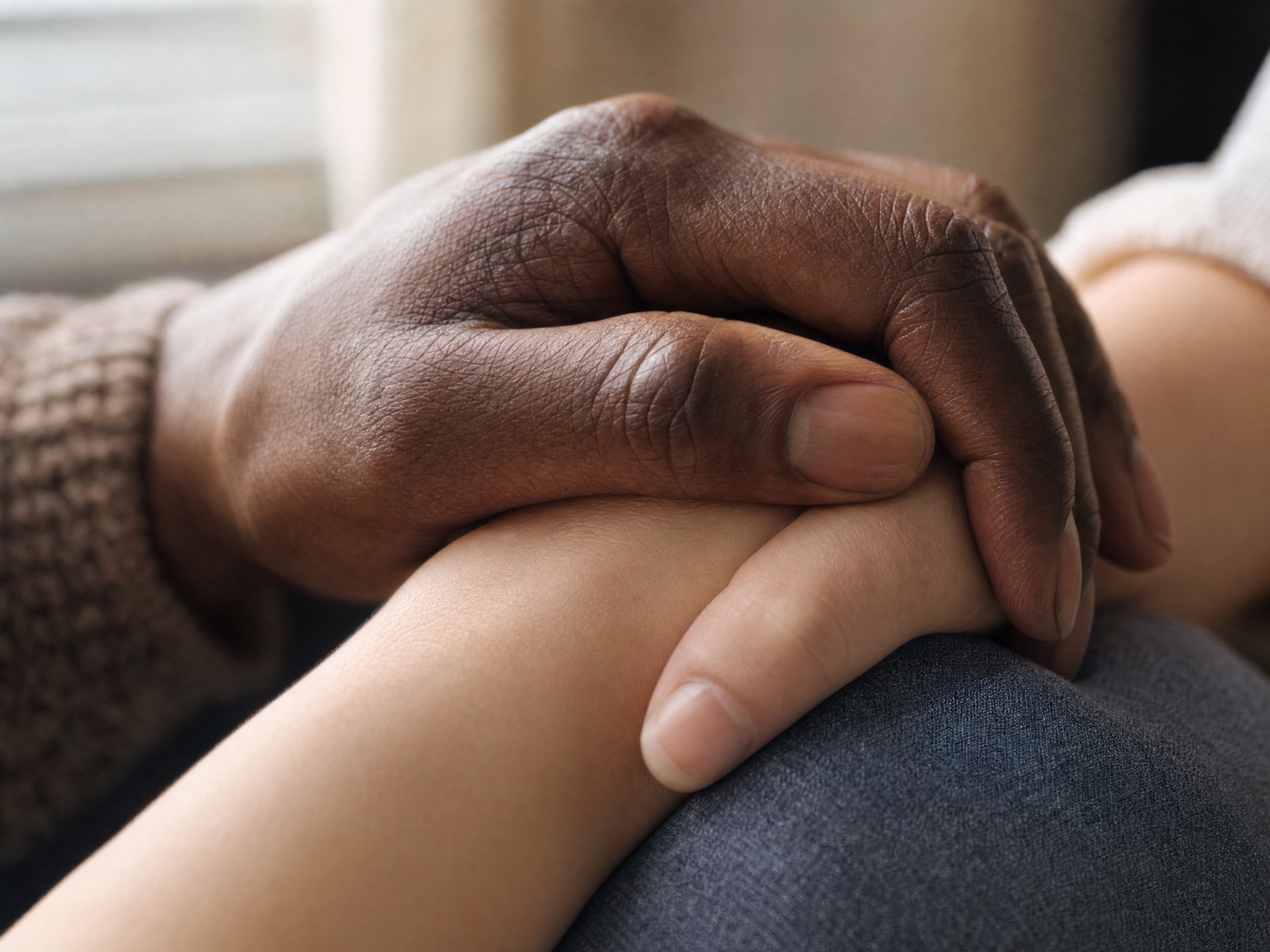 Close-up of two clasped hands of different skin tones, offering comfort and support.