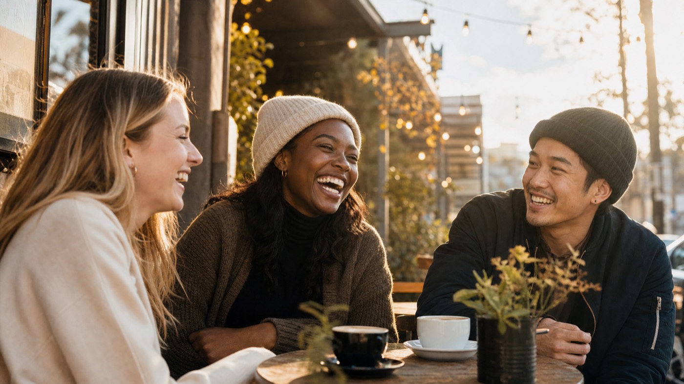 A woman wearing a soft beanie laughs freely with a friend.