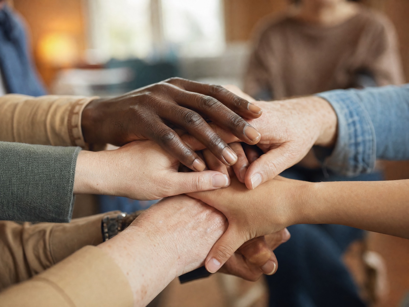 Close-up of several hands of different skin tones and ages, placed together in unity.