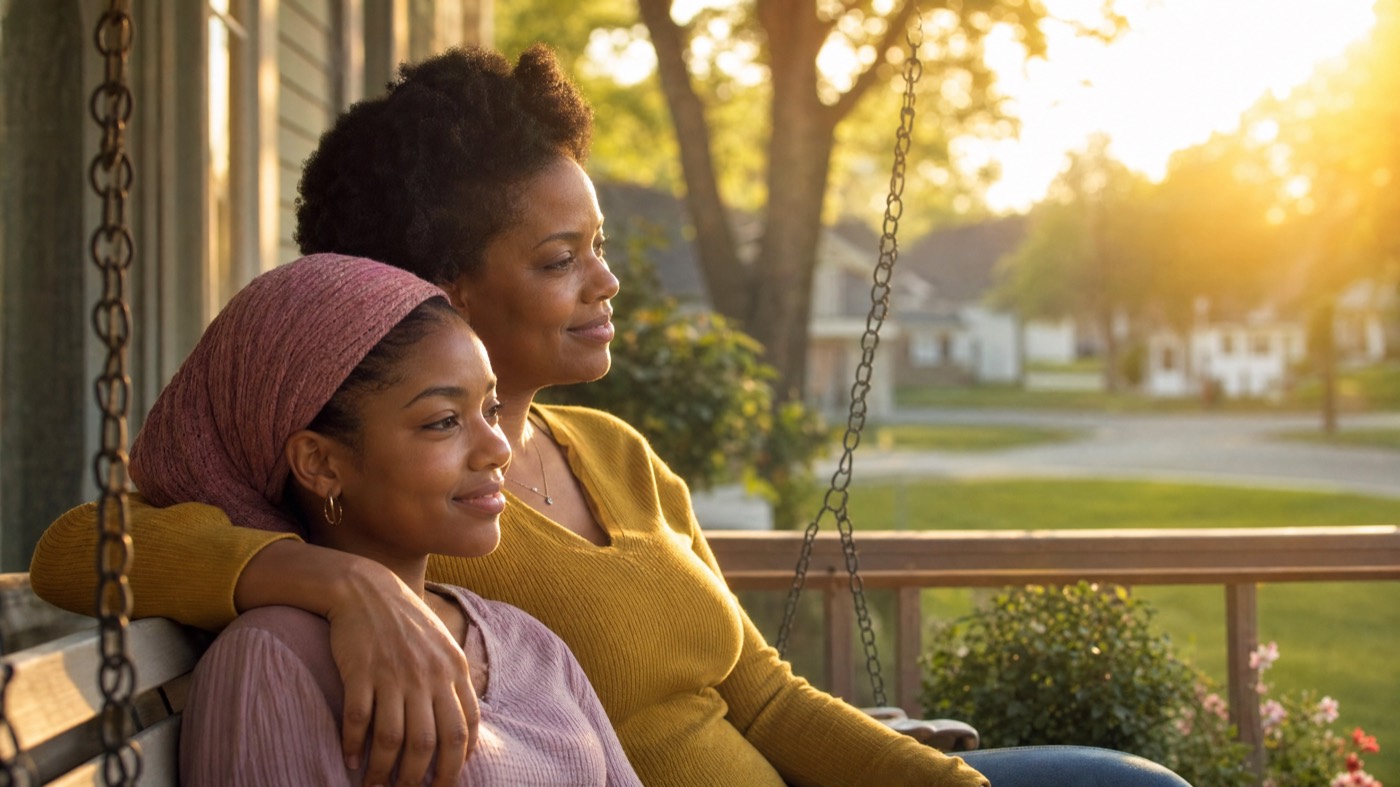 A mother and her teenage daughter sit together, supporting one another.
