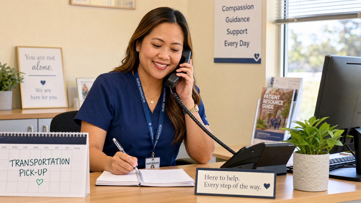 A friendly nurse navigator sits with a patient at a bright office desk.
