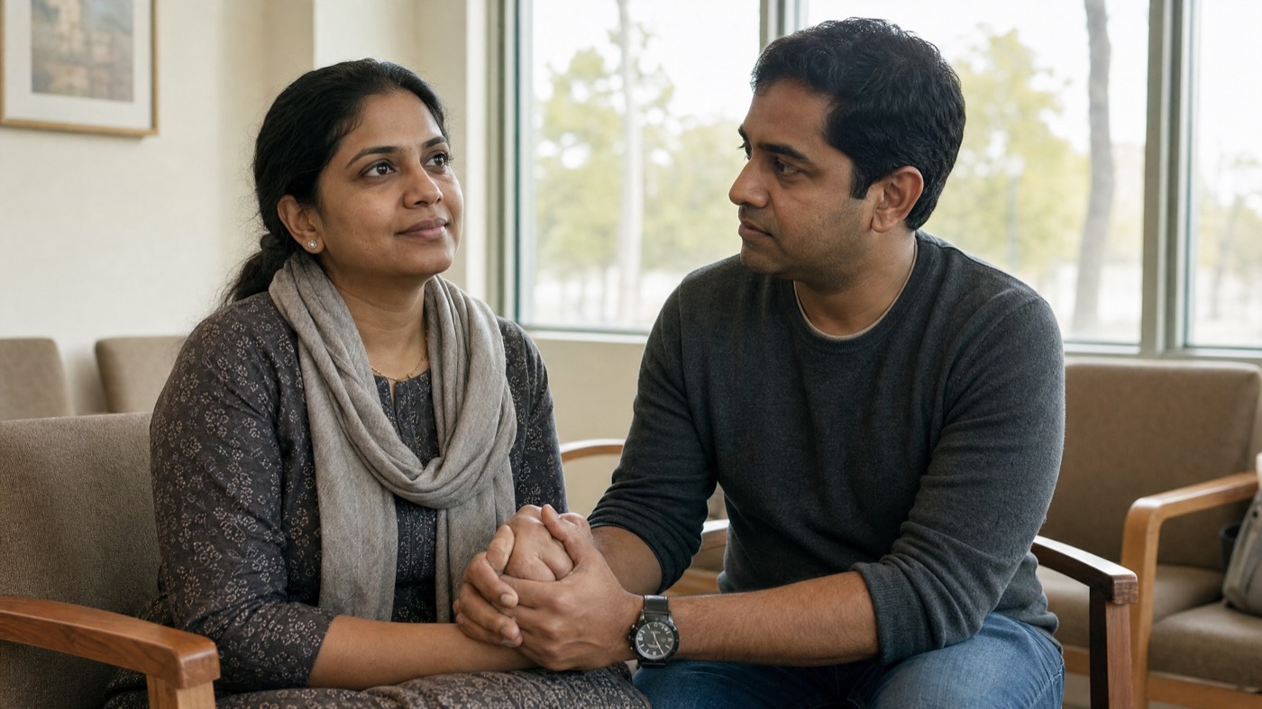 A husband holds his wife's hand tightly in a calm treatment setting.