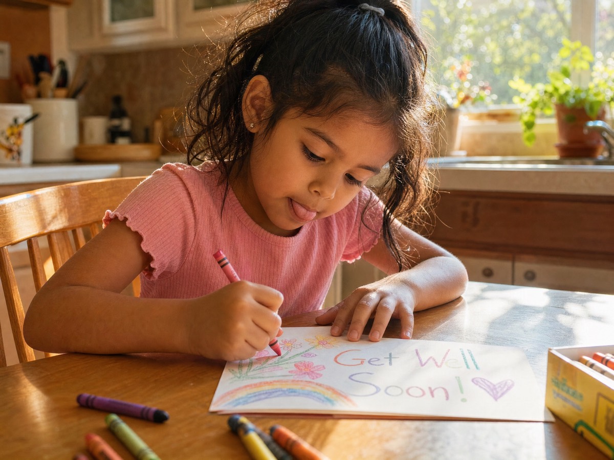 A child sits at a sunlit kitchen table with household supplies.