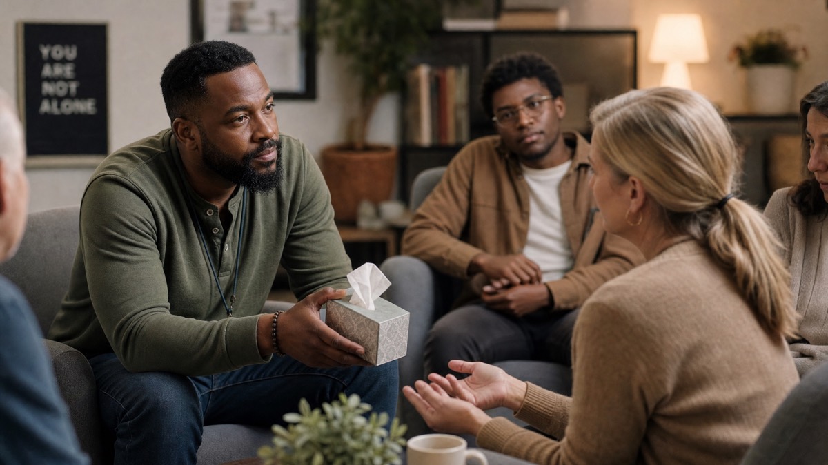 A support group facilitator leans forward, listening closely to a group member.