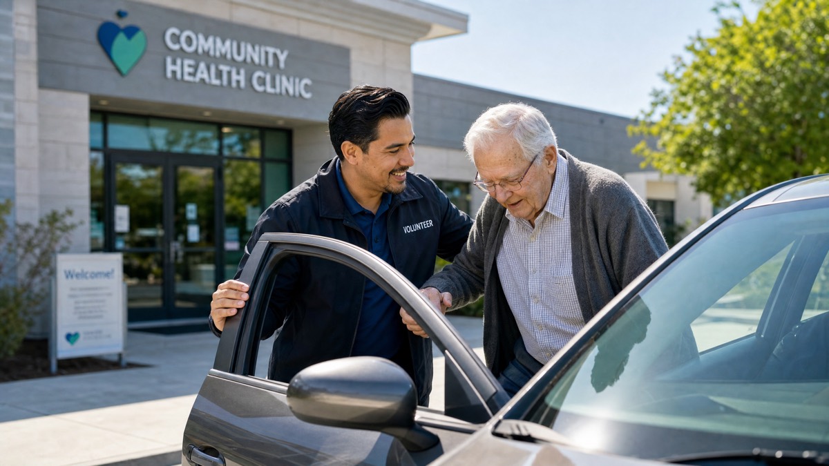 A volunteer driver helps an elderly rider to a vehicle.