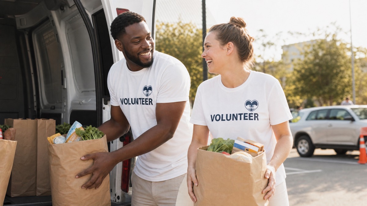A volunteer pair sorting supplies together, smiling.